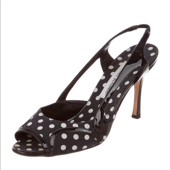 Manolo Blahnik Shoes - Manolo Blahnik Patent Leather & Fabric Polka Dot Print Slingback Pumps